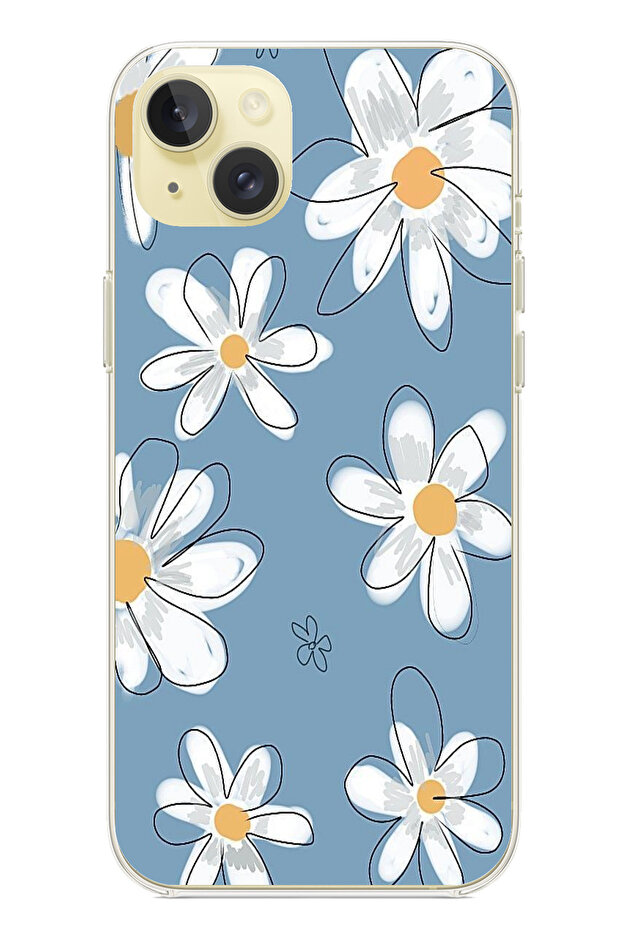 حافظة سيليكون متوافقة مع هاتف iPhone 15 PLUS باللون الأزرق ديزي جاردن مطبوع - 1