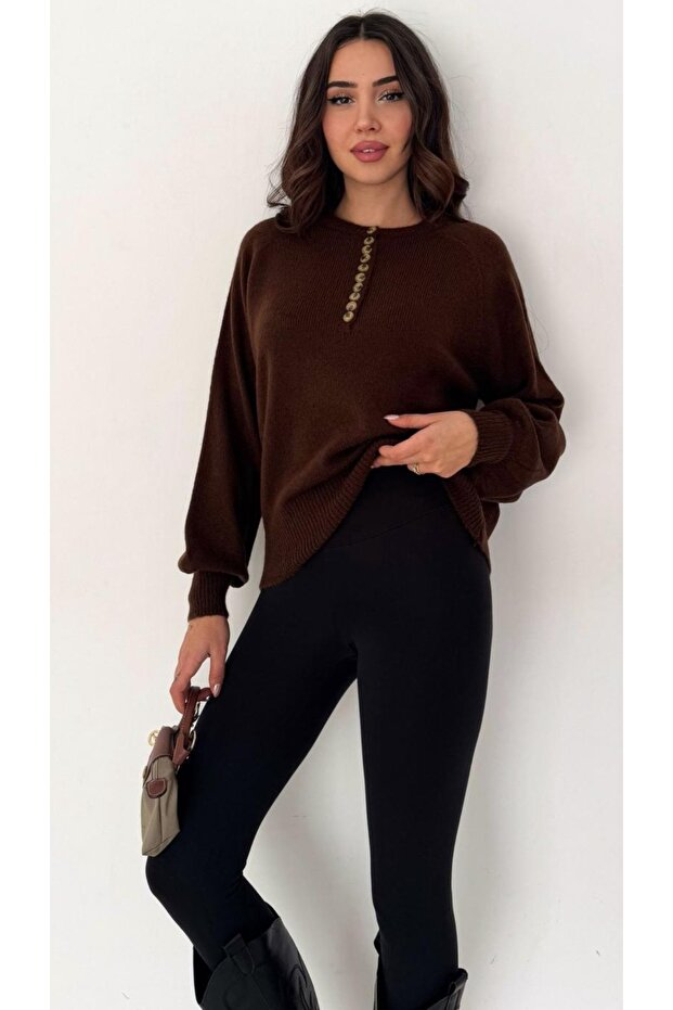 Button Detailed Balloon Sleeve Sweater