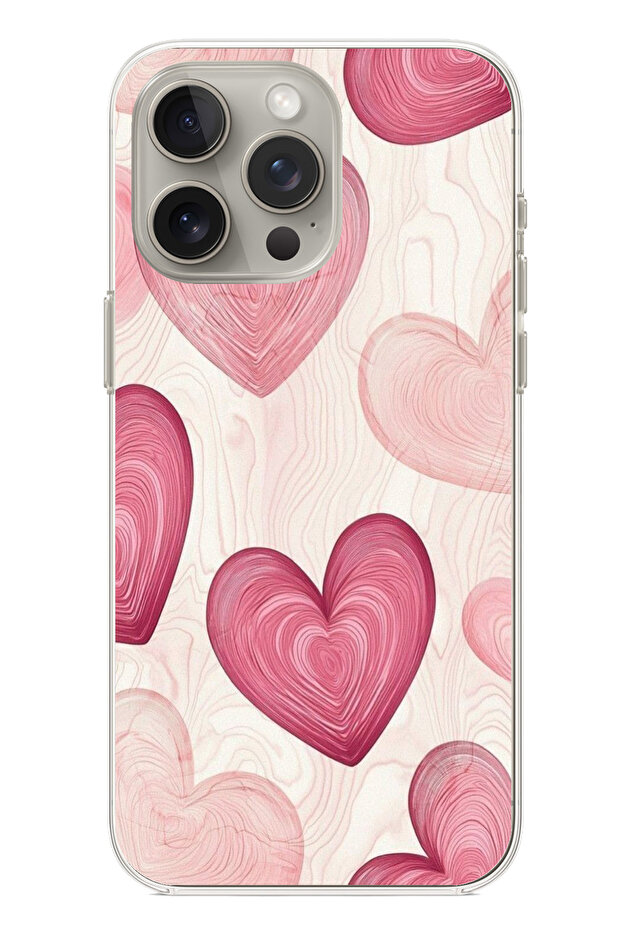 iPhone 15 Pro Max Compatible Linear Pink Heart Printed Silicone Case - 1
