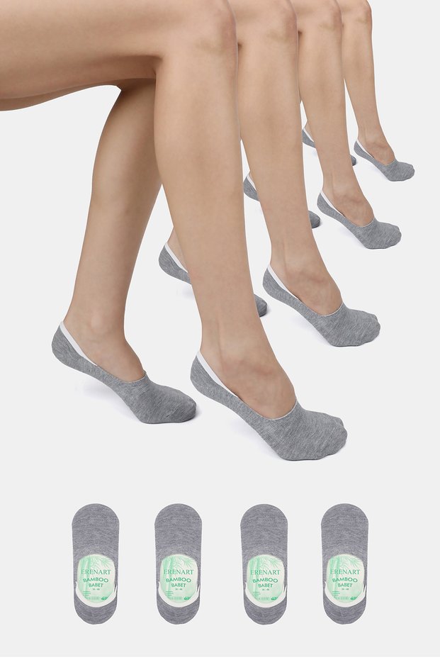 Bamboo Women's Ballerina Gray Melange Socks Stitch-Free Invisible Anti-Slip Heel Silicone Premium 4-Pack
