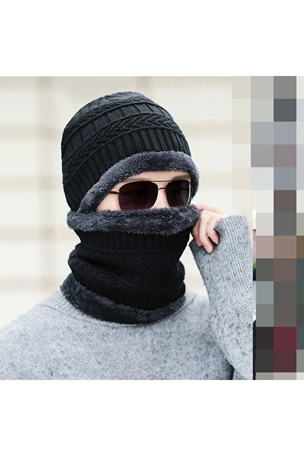 طقم قبعة شتوية منسوجة للرجال والنساء بتصميم مبطن بالصوف، مقاس واحد