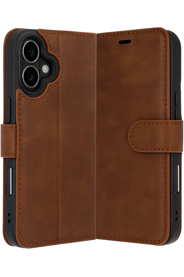 iPhone 16 Plus Compatible Leather Case with Camera Protection, Stand and Card Holder
