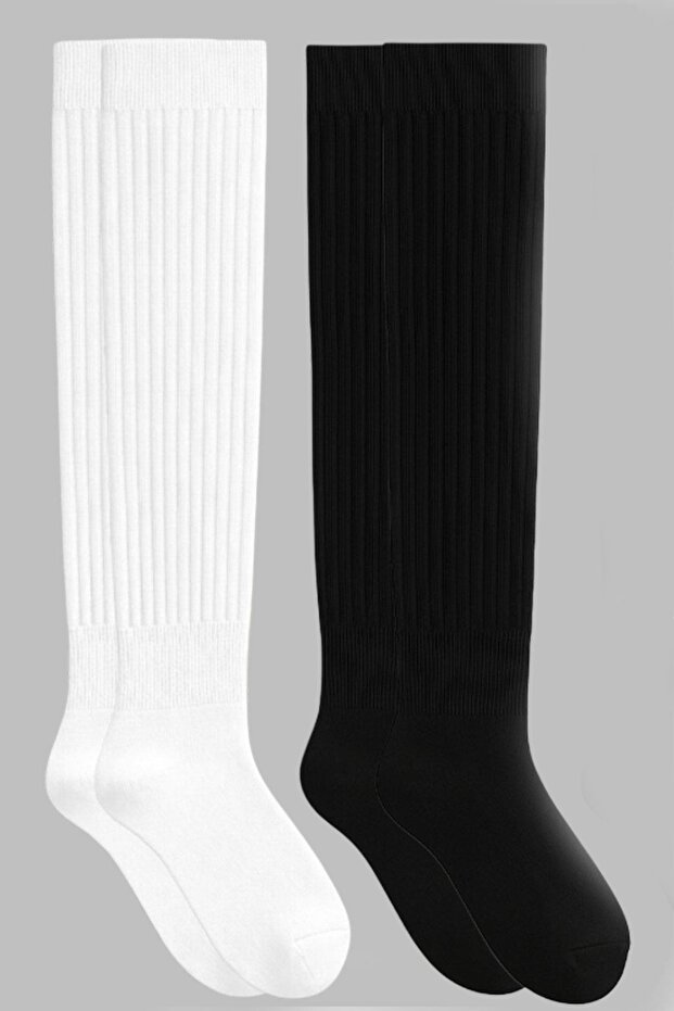 2 Çift Basic Lastikli Kalın Pamuk Karışımlı Diz Üstü Çorap - 1