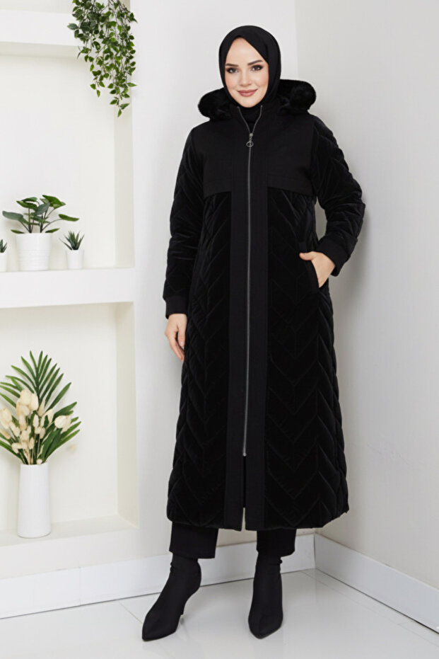 Women's Lined Cashmere Detailed Full Length Nova Quilted Coat