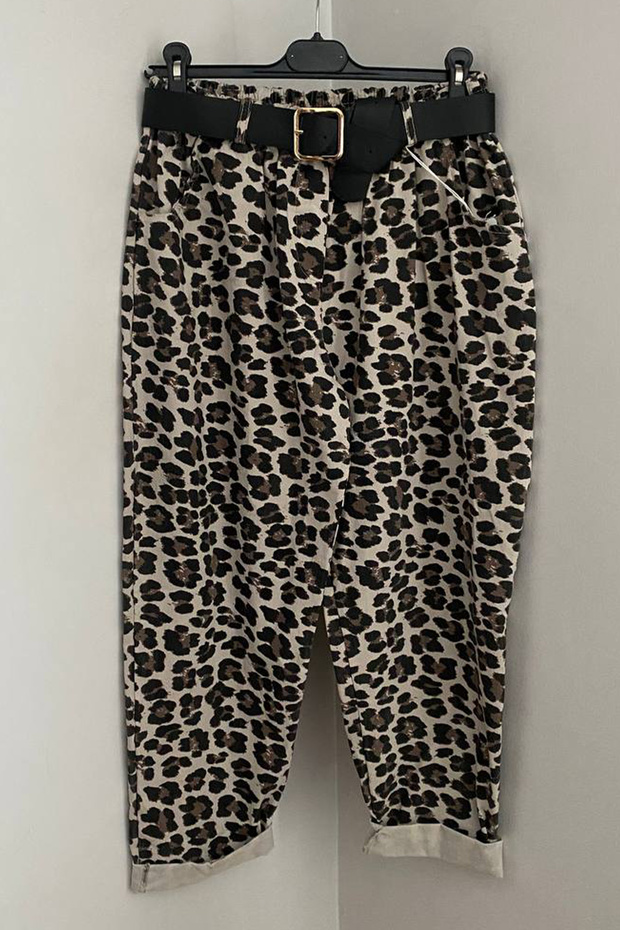 Women's Italian Elastic Waist Belted Leopard Patterned Side Pocket Oversized Casual Trousers