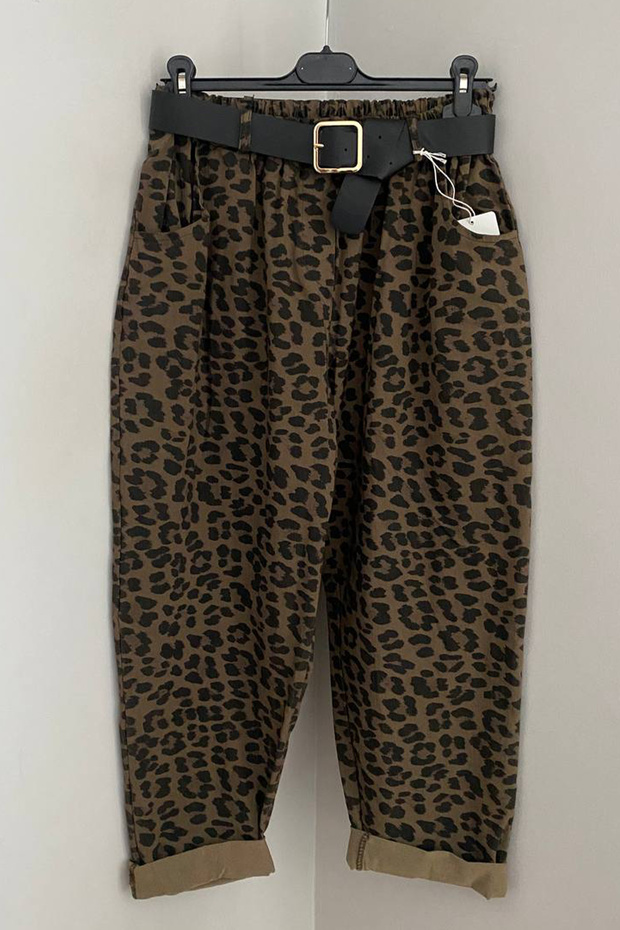Women's Italian Elastic Waist Belted Leopard Patterned Side Pocket Oversized Casual Trousers