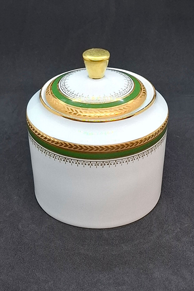 Antique Porcelain Sugar Bowl with Lid and Handle, Figured with Altın Vermey, 350 ml