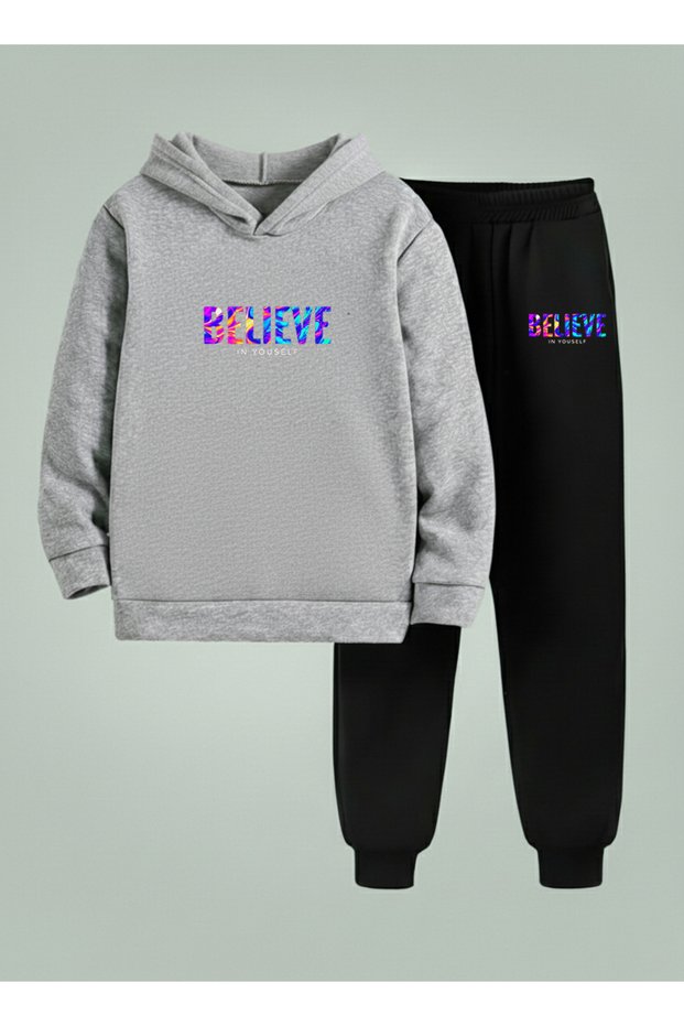 Unisex Kids Hooded Sweatshirt - Tracksuit Set Believe in Printed 3 Thread Raised