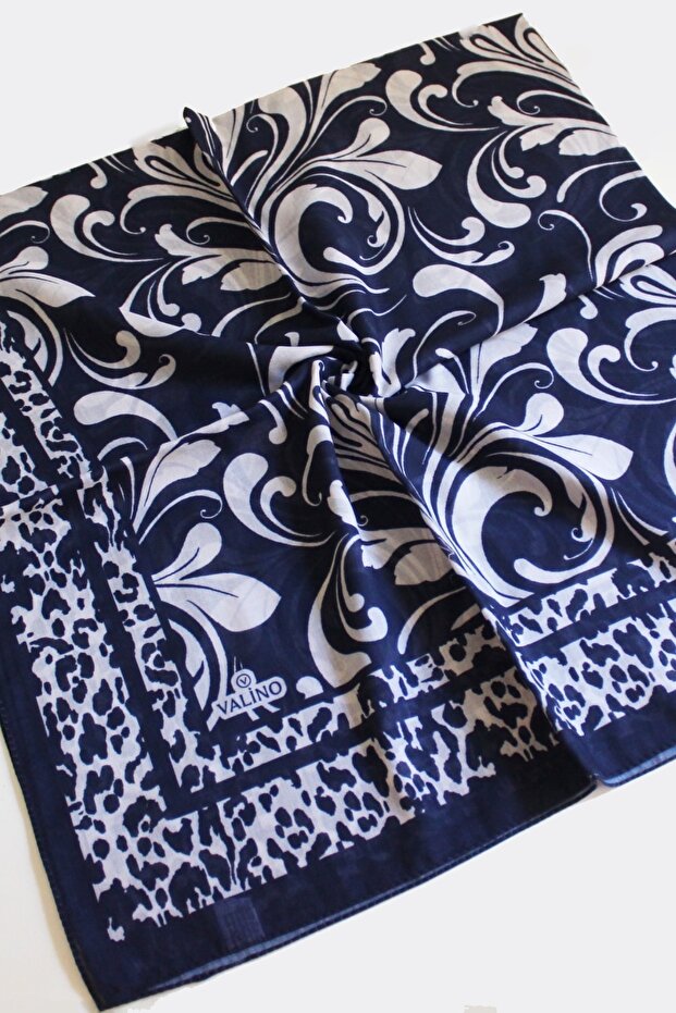 120X120 Leaf Pattern Large Size Scarf Cotton Scarf Oversized Scarf Navy Blue