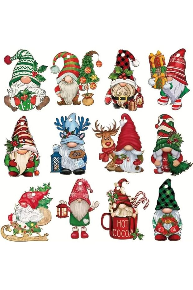 24 Pcs Assorted Gnome Wood Ornaments for Christmas Tree