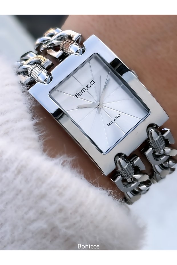 In Stylish Box, Vip Rectangular Large Case, Steel Chain Cord,Silver Color Women Wristwatch