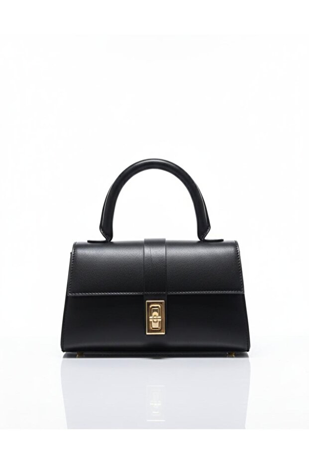 Black Minimalist Classic Handbag - Gold Detailed