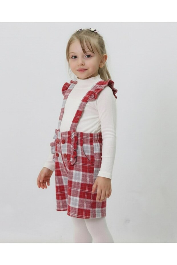 Girl's 2-3-4-5-6 Year Old Plaid Patterned Salopet and Badili 2-Piece Stylish Holiday Dress Socks Gift