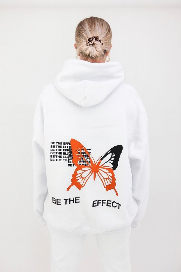 Unisex 3 Thread K Hooded Kangaroo Pocket Butterfly Patterned O Oversized B Printed Sweatshirt
