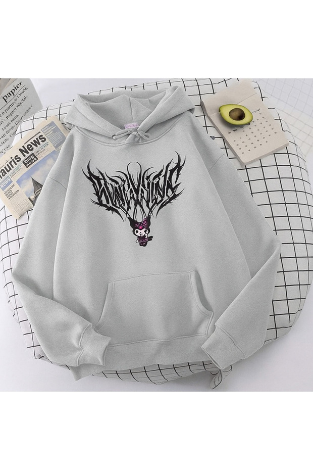Unisex 3 Thread K Hooded Kangaroo Pocket Gothic Lettering B Printed O Oversized Street Sweatshirt