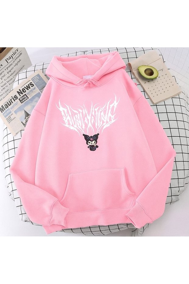 Unisex 3 Thread K Hooded Kangaroo Pocket Gothic Lettering B Printed O Oversized Street Sweatshirt