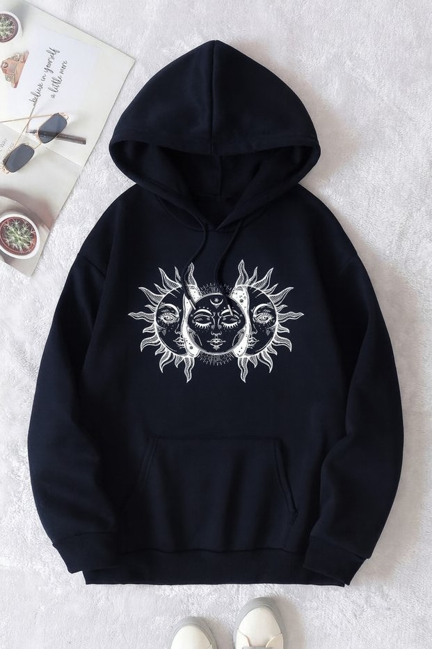 Unisex 3 Thread K Hooded Kangaroo Pocket Sun and Moon B Printed O Oversized Street Sweatshirt