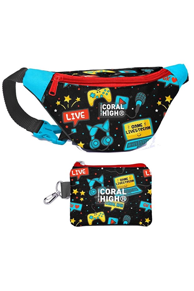Boy's Black and Blue Gamer Patterned Waist Bag and Coin Purse Set