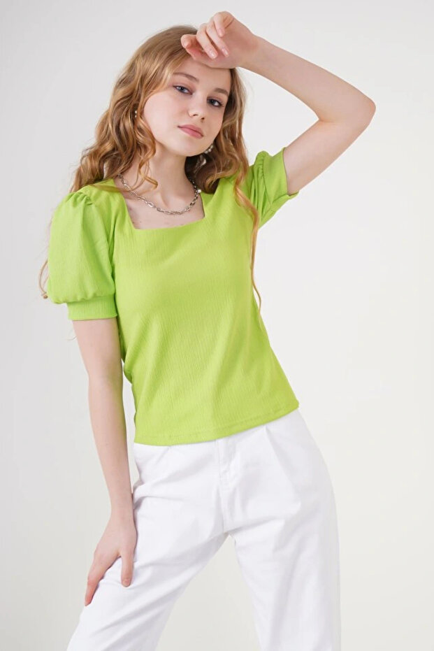 0409 Square Neck Knitted Blouse - E.Green - 1
