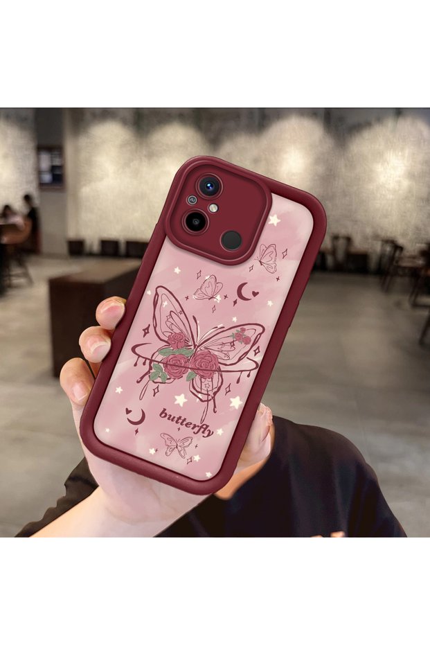 Xiaomi Redmi 12C Compatible Rose Butterfly Patterned Burgundy Silicone Shockproof Case