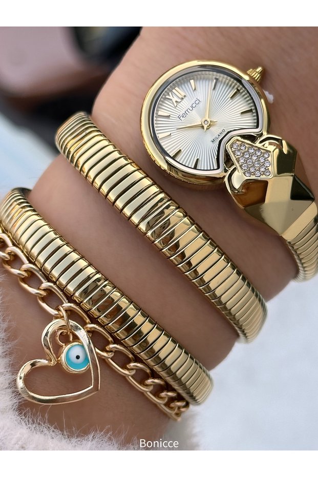 Round Head Stone Snake Watch, Yellow Steel Band Women Wristwatch + Bracelet