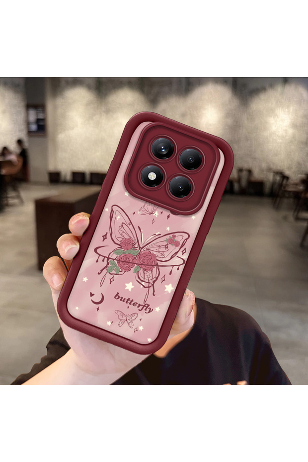 Xiaomi Redmi Note 14 Pro Plus+ 5g Compatible Rose Butterfly Patterned Burgundy Silicone Shockproof Case