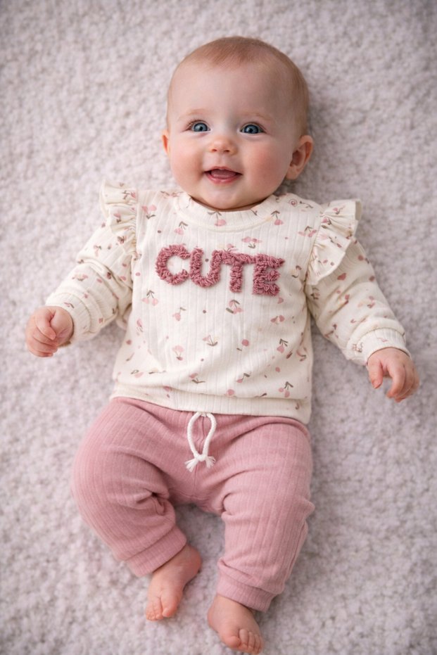 Baby Girl Top and Bottom Set Cute Printed Long Sleeve Cotton Plum Casual Set 100% Cotton