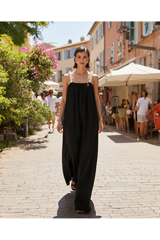 Lilbasic İnci Askılı Uzun Siyah Elbise - 2