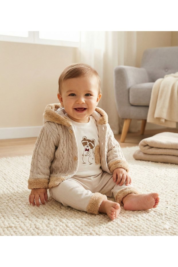 Plush Detailed Raccoon Embroidered Hooded Piece Baby Set 100% Cotton (0-3, 3-6, 6-9 Months)