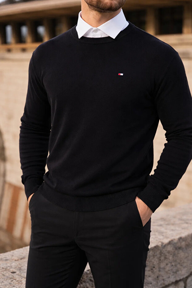 Erkek Kışlık Bisiklet Yaka Dar Siyah Basic Kazak - 2