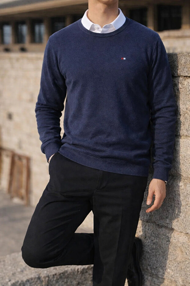 Erkek Kışlık Bisiklet Yaka Dar Mavi Basic Kazak - 4