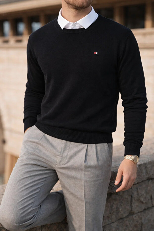 Erkek Kışlık Bisiklet Yaka Dar Siyah Basic Kazak - 4