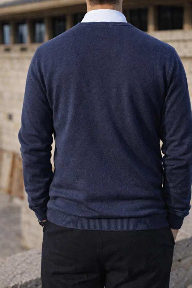 Erkek Kışlık Bisiklet Yaka Dar Mavi Basic Kazak - 6