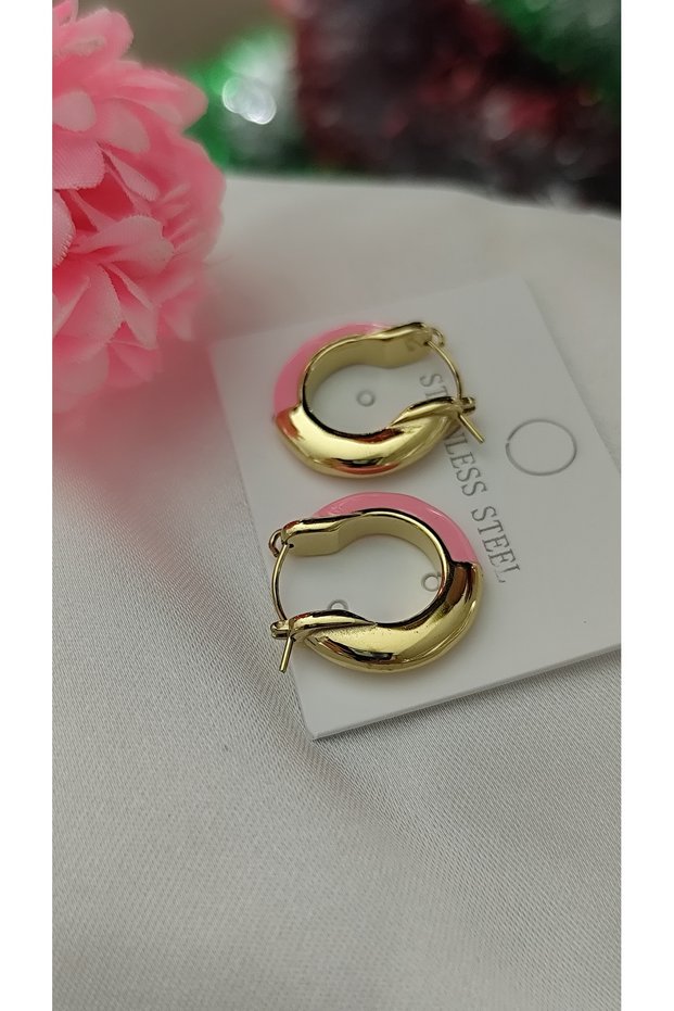 Steel Vip Earrings - 316L Steel Pink Enamel Hoop Model Tarnish-Free Colorfast 2cm Steel Earrings