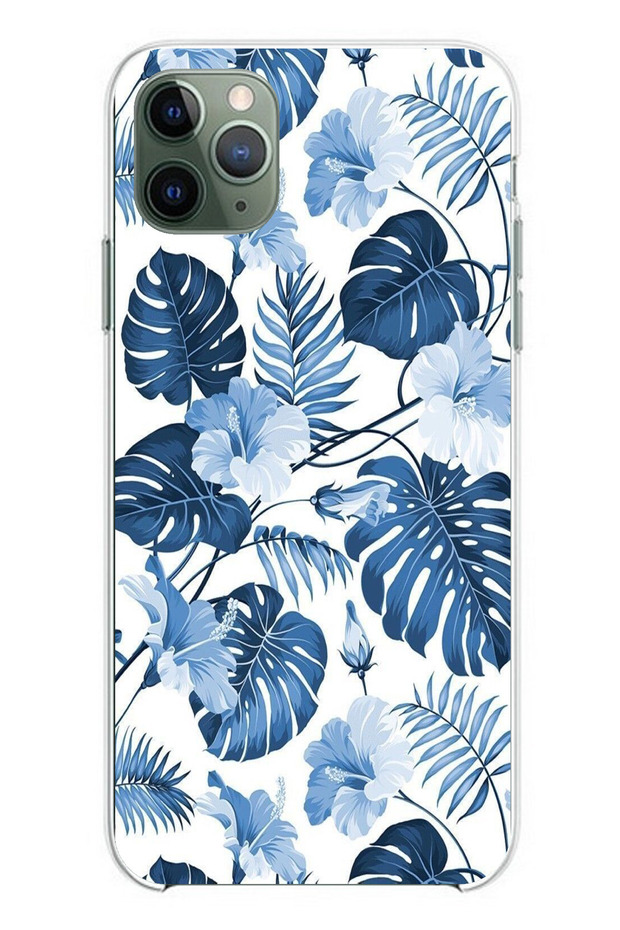 حافظة سيليكون مطبوع متوافقة مع هاتف iPhone 11 Pro Max بنمط أوراق الشجر الزرقاء والزهور - 1