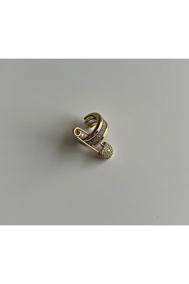 3-Piece Steel Zircon Stone Gold and Silver Detailed Hook Needle Earcuff Cartilage Earring / Detachable