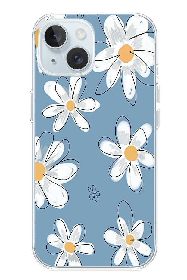حافظة سيليكون متوافقة مع هاتف iPhone 15 باللون الأزرق ديزي جاردن مطبوع - 1