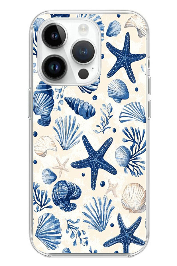 حافظة سيليكون مطبوع متوافقة مع هاتف iPhone 14 PRO بنمط صدفة البحر الزرقاء والنجمة - 1