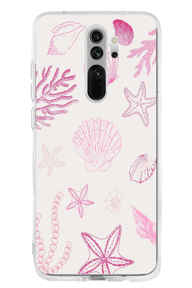 حافظة سيليكون متوافقة مع هاتف Redmi Note 8 Pro باللون الوردي وStarfish and Shell مطبوع - 1
