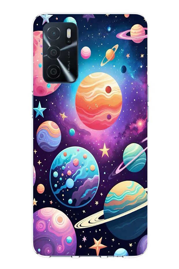 حافظة سيليكون مطبوع متوافقة مع هاتف اوبو A16 بنمط الفضاء والكواكب والنجوم - 1