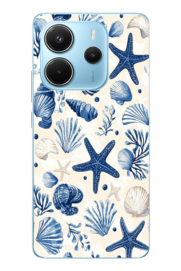 حافظة سيليكون مطبوع متوافقة مع هاتف Redmi Note 14 4G بنمط صدفة البحر الزرقاء والنجمة - 1