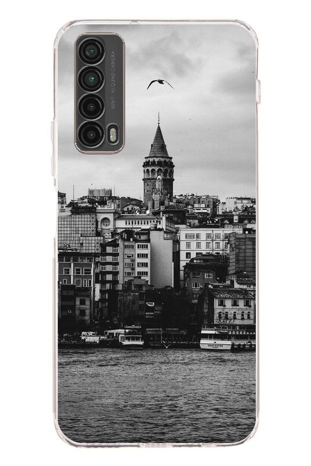 جراب سيليكون متوافق مع هاتف Huawei P Smart 2021 مع مناظر برج غالاتا والبحر مطبوع