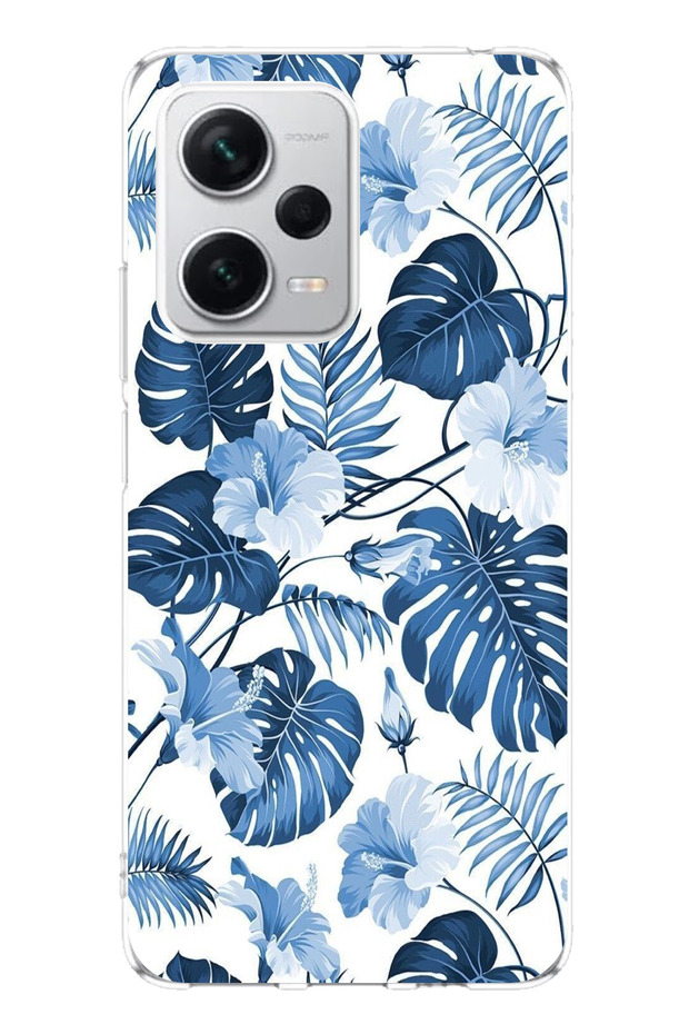 حافظة سيليكون مطبوع متوافقة مع Redmi Note 12 PRO PLUS بنمط أوراق الشجر الزرقاء والزهور - 1