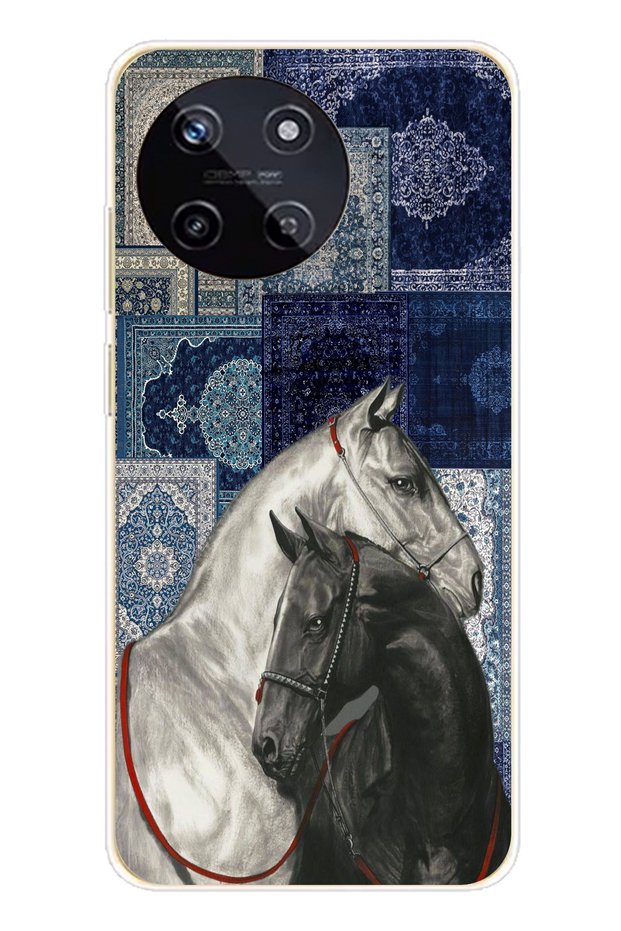 Realme 11 4g Compatible Blue Carpet Patterned Black and White Horse Printed Silicone Case