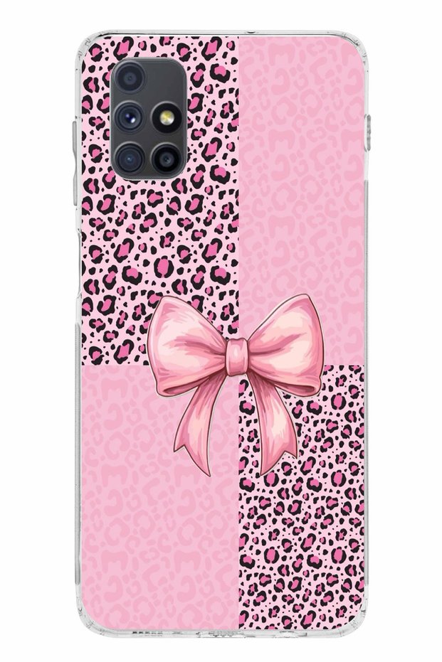 Samsung Galaxy M51 Compatible Pink Leopard Pattern and Ribbon Printed Silicone Case