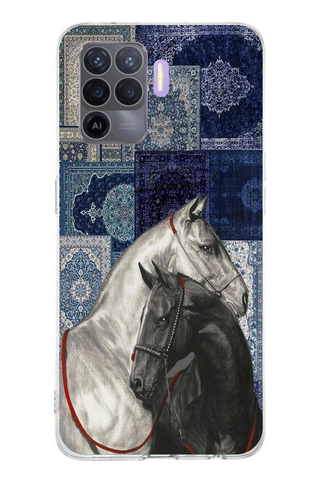 حافظة سيليكون متوافقة مع هاتف OPPO Reno 5 Lite بنمط السجاد الأزرق باللونين الأسود والأبيض مطبوع
