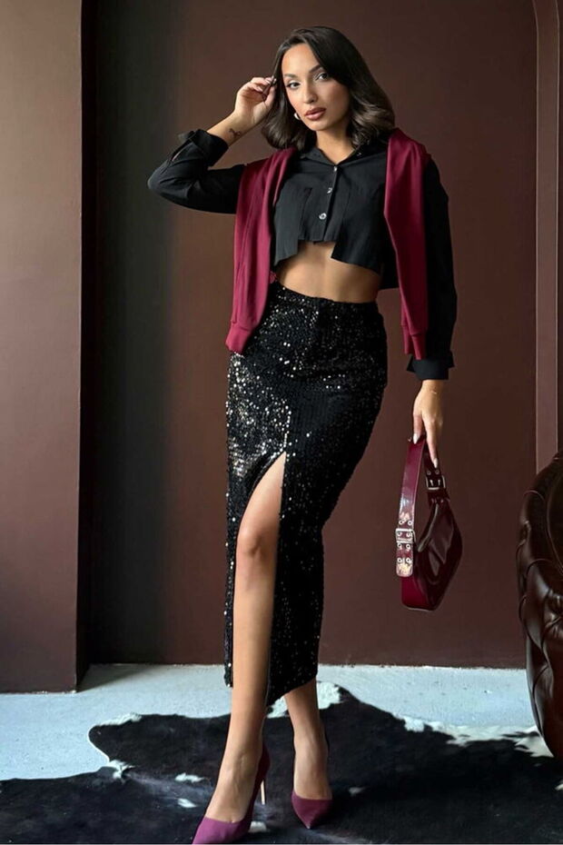 Pullu Kadife Uzun Etek - 2