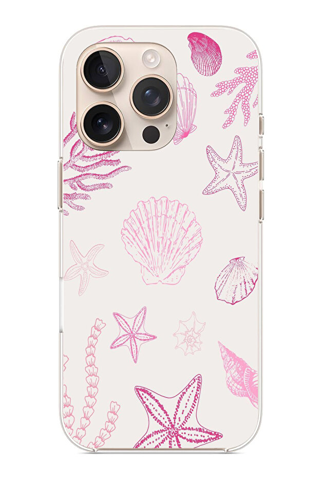حافظة سيليكون متوافقة مع هاتف iPhone 16 PRO MAX باللون الوردي وStarfish and Shell مطبوع - 1