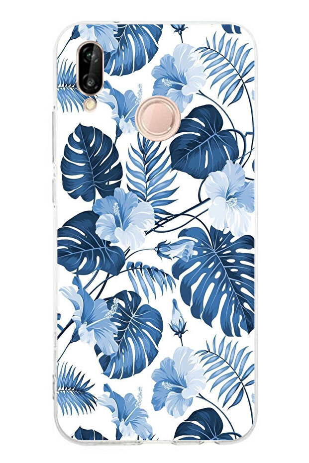 حافظة سيليكون مطبوع متوافقة مع هاتف هواوي P20 لايت بنمط أوراق الشجر الزرقاء والزهور - 1