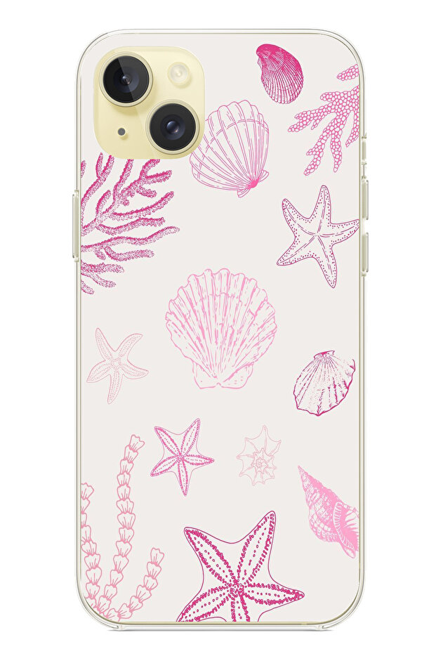 حافظة سيليكون متوافقة مع هاتف iPhone 15 PLUS باللون الوردي وStarfish and Shell مطبوع - 1